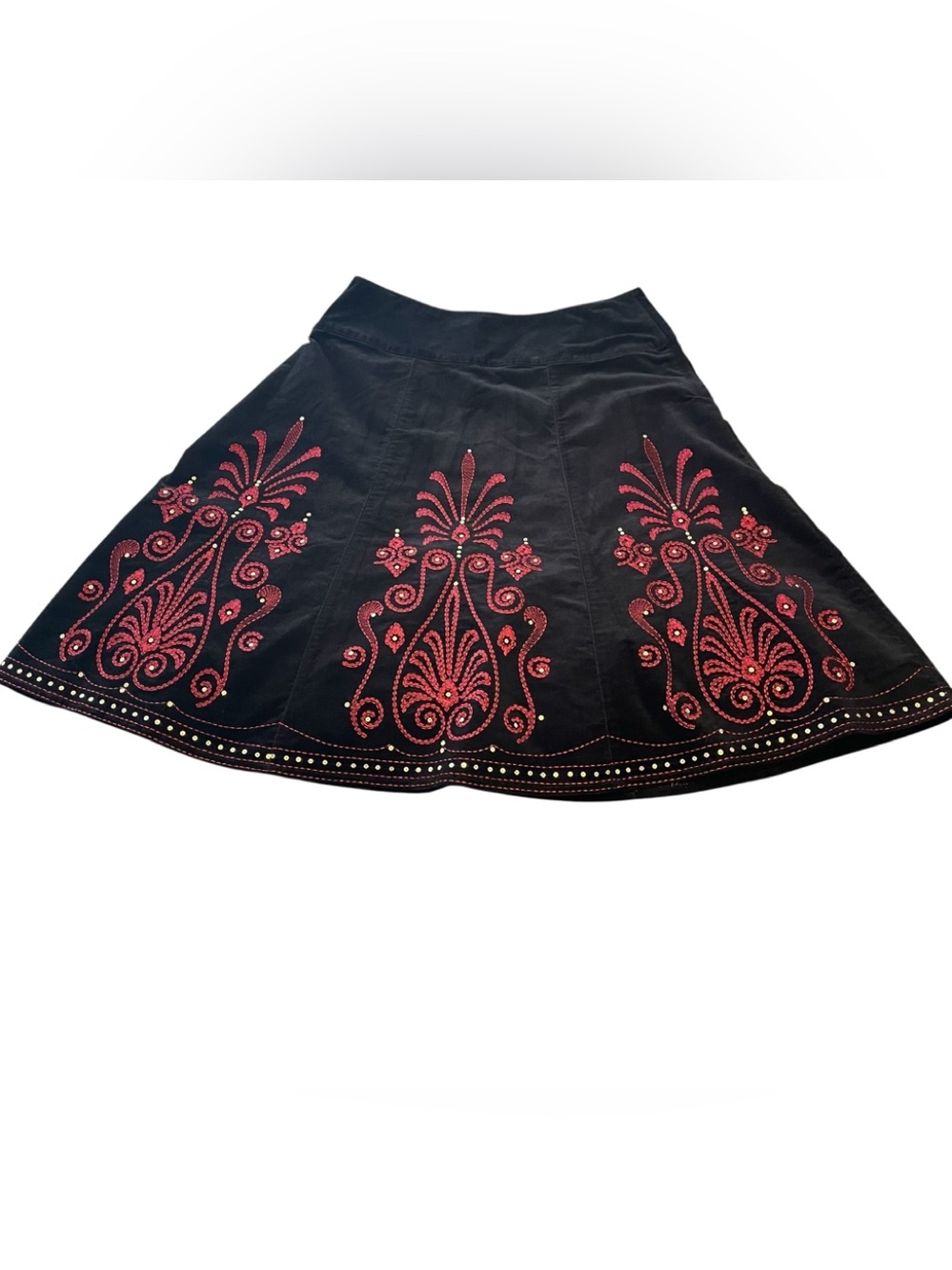 Next Black Velvet  Fit & Flare A Line Red Embroidery Sequin Skirt Sz 10
